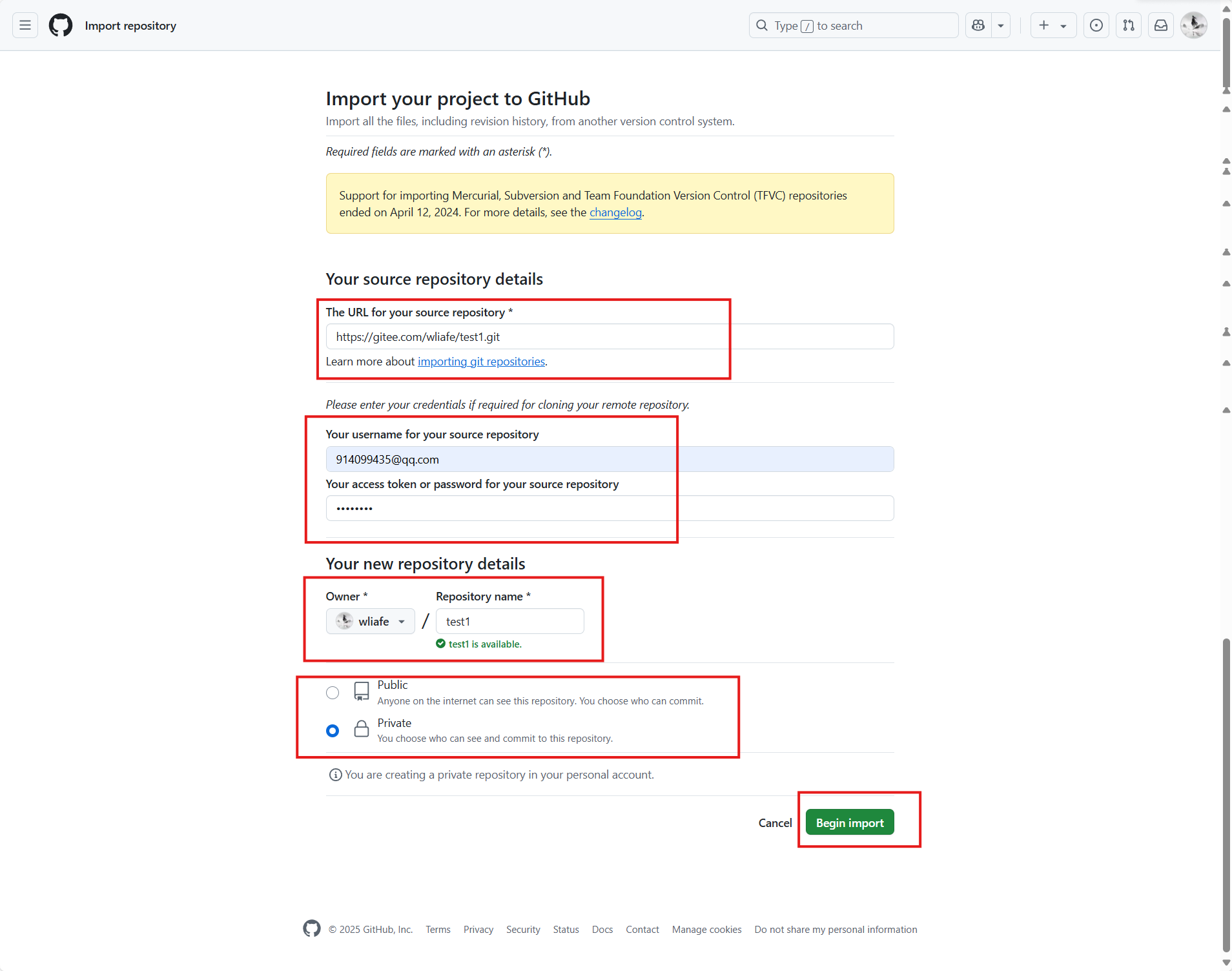 GitHub导入仓库填写信息